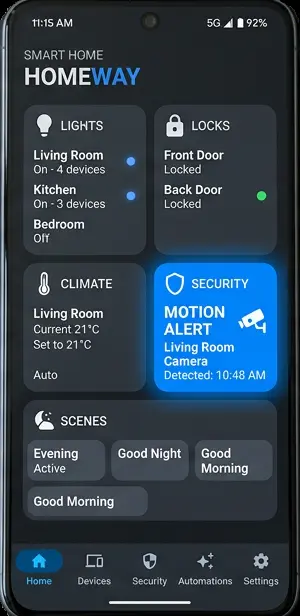 Smart home automation app controlling security, lighting and climate for a Mississauga home