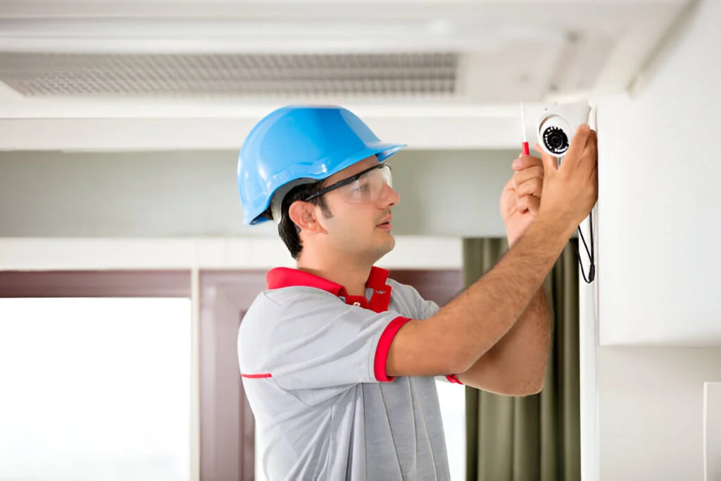 Dome security camera installation by a True Guard technician in Mississauga