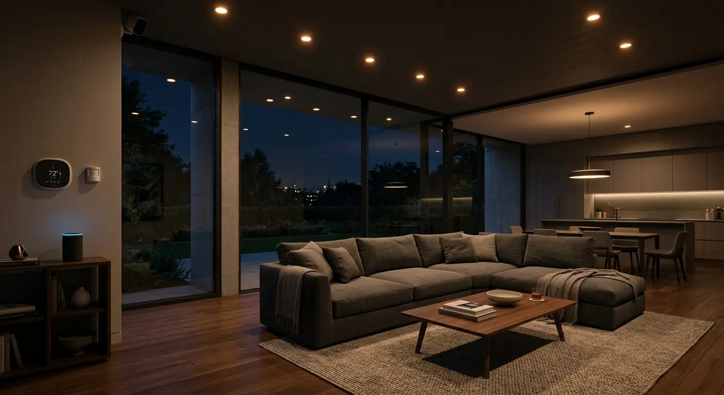 Modern smart home at night with automated lighting